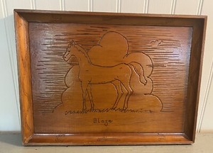 Vintage Horse Carving Wood Hand Carved Art Wall Decor Plaque "Blaze" 50s