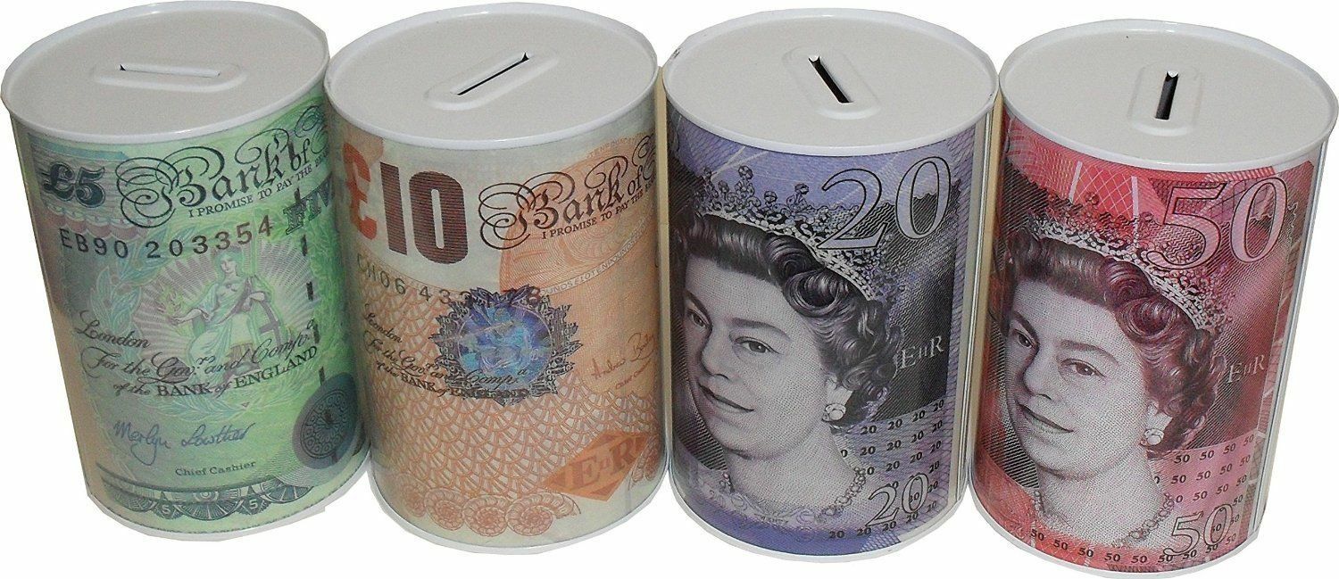 Money Box Tin £5 £10 £20 £50 Pound Note Design Kids Saving Cash PIggy Bank Box N