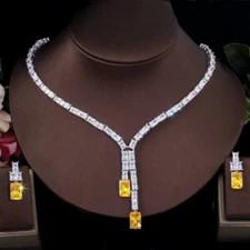 Yellow Drop Long Necklace and Earrings Silver Plated Cubic Zirconia Jewelry Set