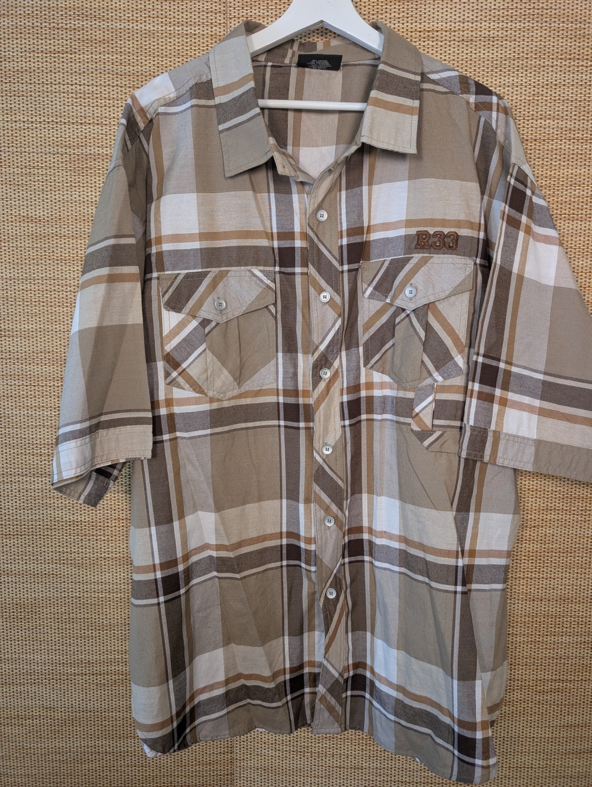 Red Ape Shirt Mens 4XL Brown Short Sleeve Button Up Embroidered Crest Casual