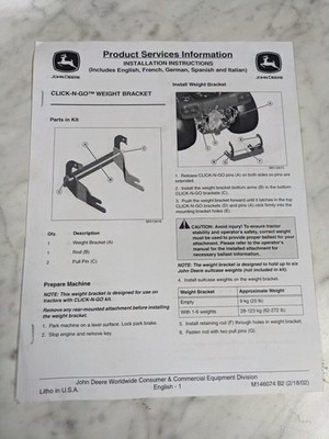 JOHN DEERE CLICK-N-GO WEIGHT KIT INSTALLATION INSTRUCTION MANUAL M146074