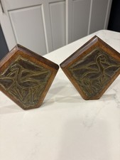 Vintage Wood Bookends Embossed Metal Heron Egret Bird Panels Arts & Crafts