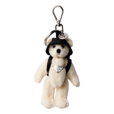 Prada Leo Teddy Bear Bag Charm Cream Black Mohair Keychain Backpack New