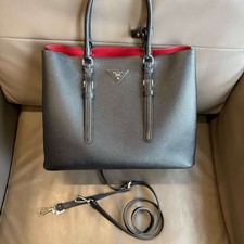 Prada Galleria Medium Saffiano Leather Black Tote Handbag, Red Interior