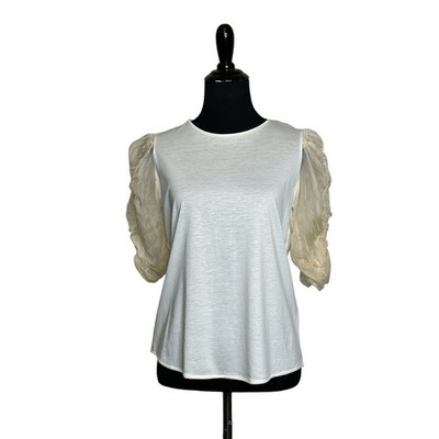 Sandro cream with sheer puff chiffon sleeve knit blouse top size 2