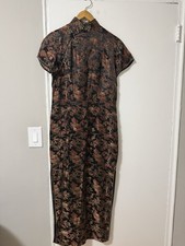 Peony Women's Cheong-sam Dress Black Gold Red Floral Rayon Size M