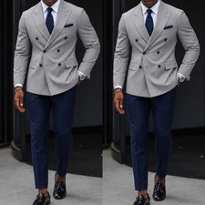 Business Formal Men's Suit Offical 2Pcs Grey Tuxedo Jacket Peak Lapel Outfits