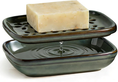 Ceramic Soap Dish for Shower, Bar Soap Holder with 2 Layer Draining Soap Tray fo