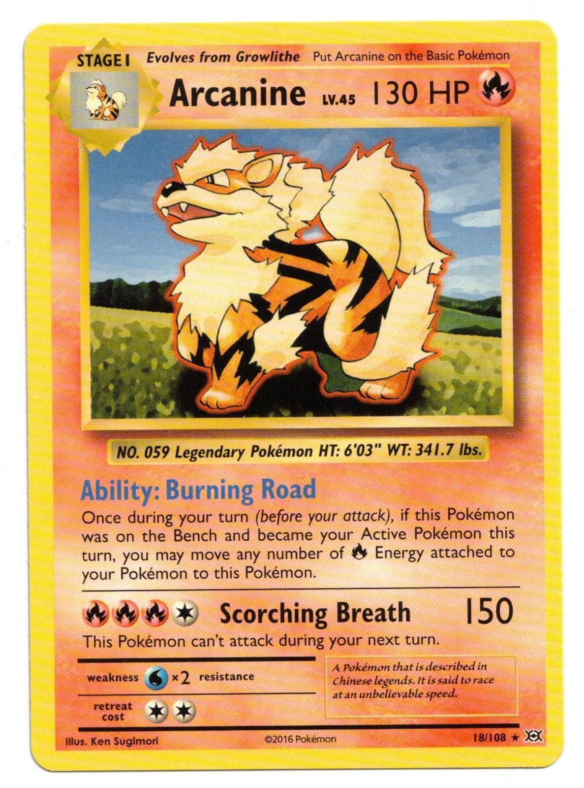 Pokemon Card: Arcanine 18/108 XY Evolutions Rare! NM