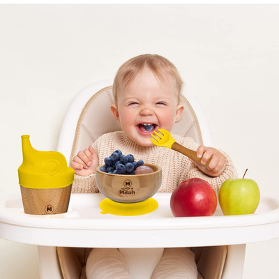 Milah Bambus Schüssel, Tasse und Löffel Set Saugteller Stay-Put Design