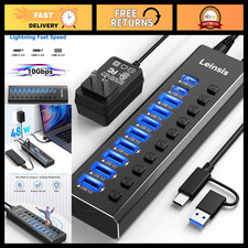 10-Port USB Hub 3.2 with On/Off Switches, 12V Power Adapter, Aluminum Design