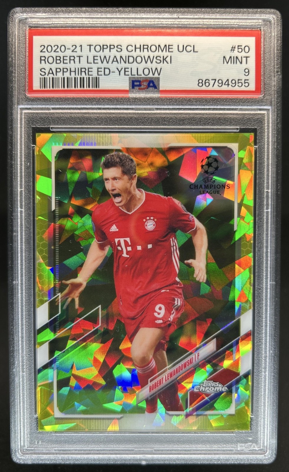 2020 Topps Chrome Sapphire UEFA Robert Lewandowski Refractor Yellow #/99 PSA 9 view 1