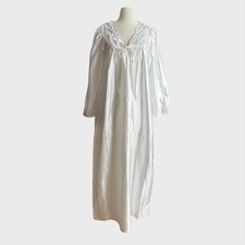 Vintage 80's Large Cottage Core White Satin Night Gown Embroidered Bow Maxi