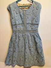 ultra pink Women’s Light Blue Lace Dress With Tan Underlay.  Sleeveless.