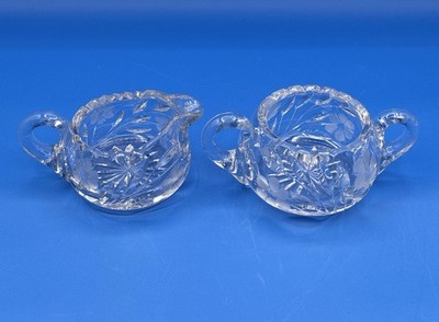 American Brilliant Cut Glass Cream N Sugar Set Flower Leaves Scalloped Edge VTG