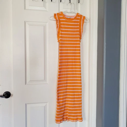 PALM ANGELS Abito midi Zara body a costine arancione bianco a righe volant senza maniche taglia small