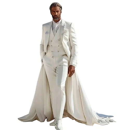 Men's suit wedding dress single breasted peak lapel cocktail long tail dress - Picture 3 of 31