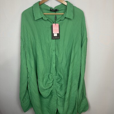 green textured gathered detail long sleeve shirt dress Pretty Little Thing Green Texture Gathered Long Sleeve Shirt Dress Size..18