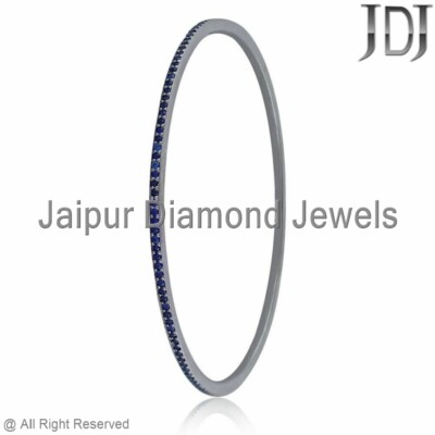 Natural Blue Sapphire Gemstone Bangle 925 Sterling Silver Single Line Bracelet