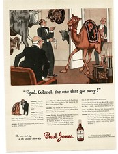 1943 Paul Jones Whiskey Camel Mascot barges into Men's Club art Vintage Print Ad