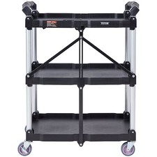 Foldable Utility Service Cart 3 Shelf Plastic Rolling Cart with Lockable Wheels