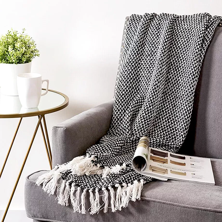 Throw Blanket With Fringe 100 Cotton Soft Woven 50x60 Sherpa Cough White Black