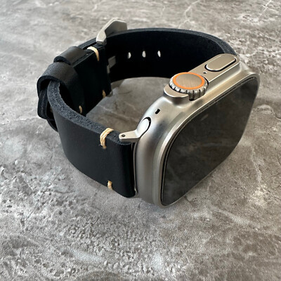 Premium Thick Black Leather Watch Strap Band For NEW Apple Watch Ultra 3 2 49mm