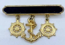 B4-2983 VINTAGE BROOCH GOLD TONE PIN 1.75" BLACK ENAMEL CHARM NAUTICAL ANCHOR