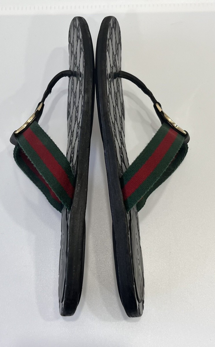 Gucci GG Web Stripe Thong Sandals EU 36 US 6 Black Flat Flip