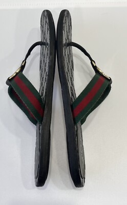 Gucci GG Web Stripe Thong Sandals EU 36 US 6 Black Flat Flip