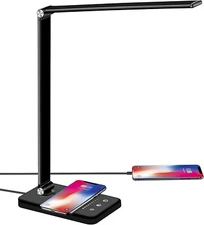 LED Desk Lamp with Wireless Charger, Dimmable Office Desk Light with USB Chargin