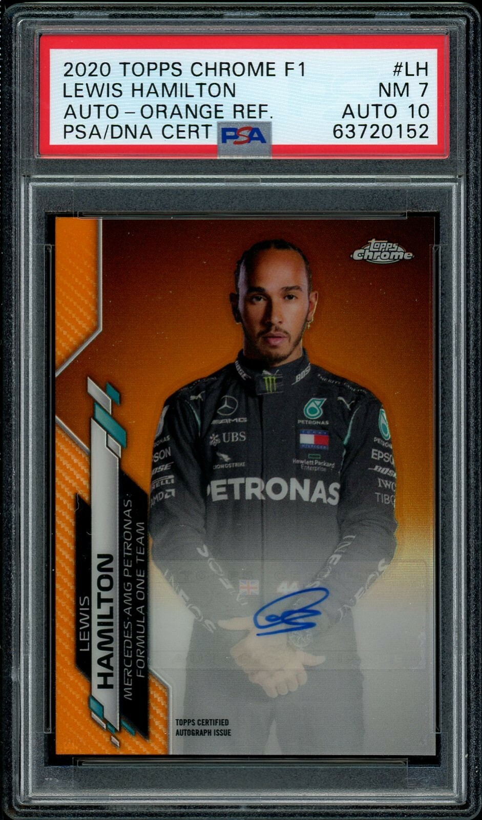 Image 1 - 2020 Topps Chrome Formula 1 Lewis Hamilton Orange Refractor Auto /25 PSA AUTO 10