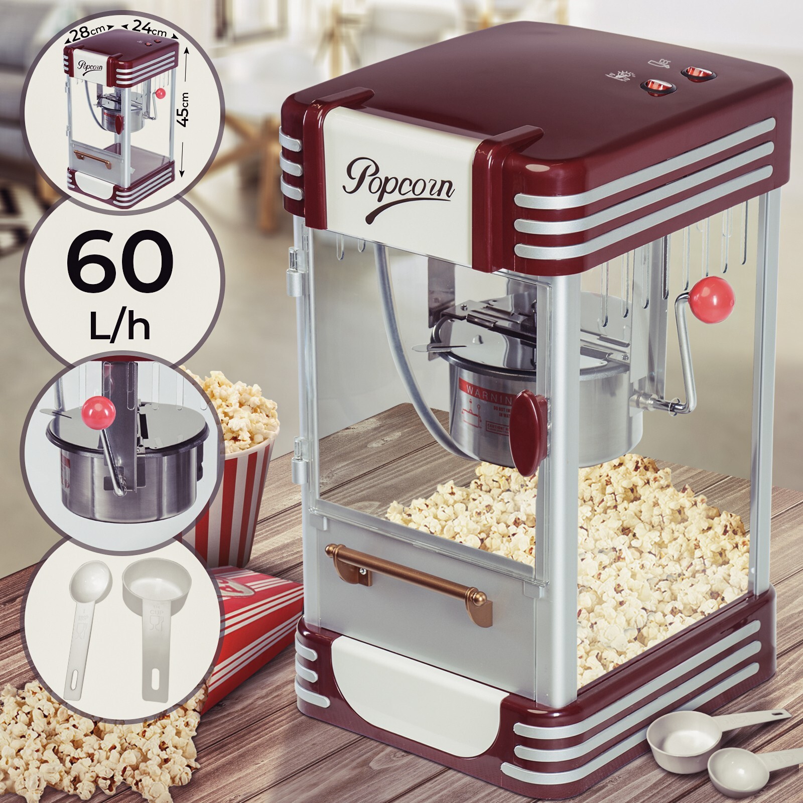 Macchina per Popcorn - Stile Retro, 60L/h, 200g/10min