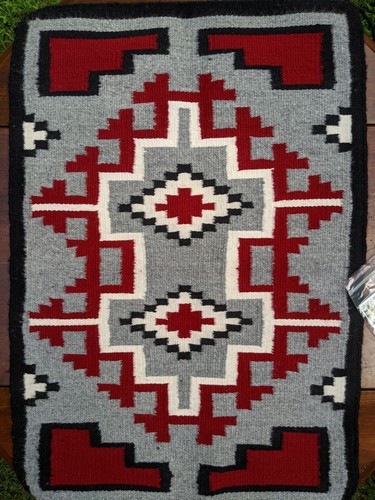 19x29" Hand Spun Two Grey Hills Wool Rug Hand Woven by Lillie Lee (Navajo) 1999