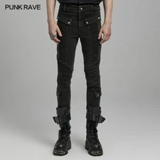 Punk Rave Men Black Gothic Punk Slim Fit Denim Pants  Casual Motocycle Trousers