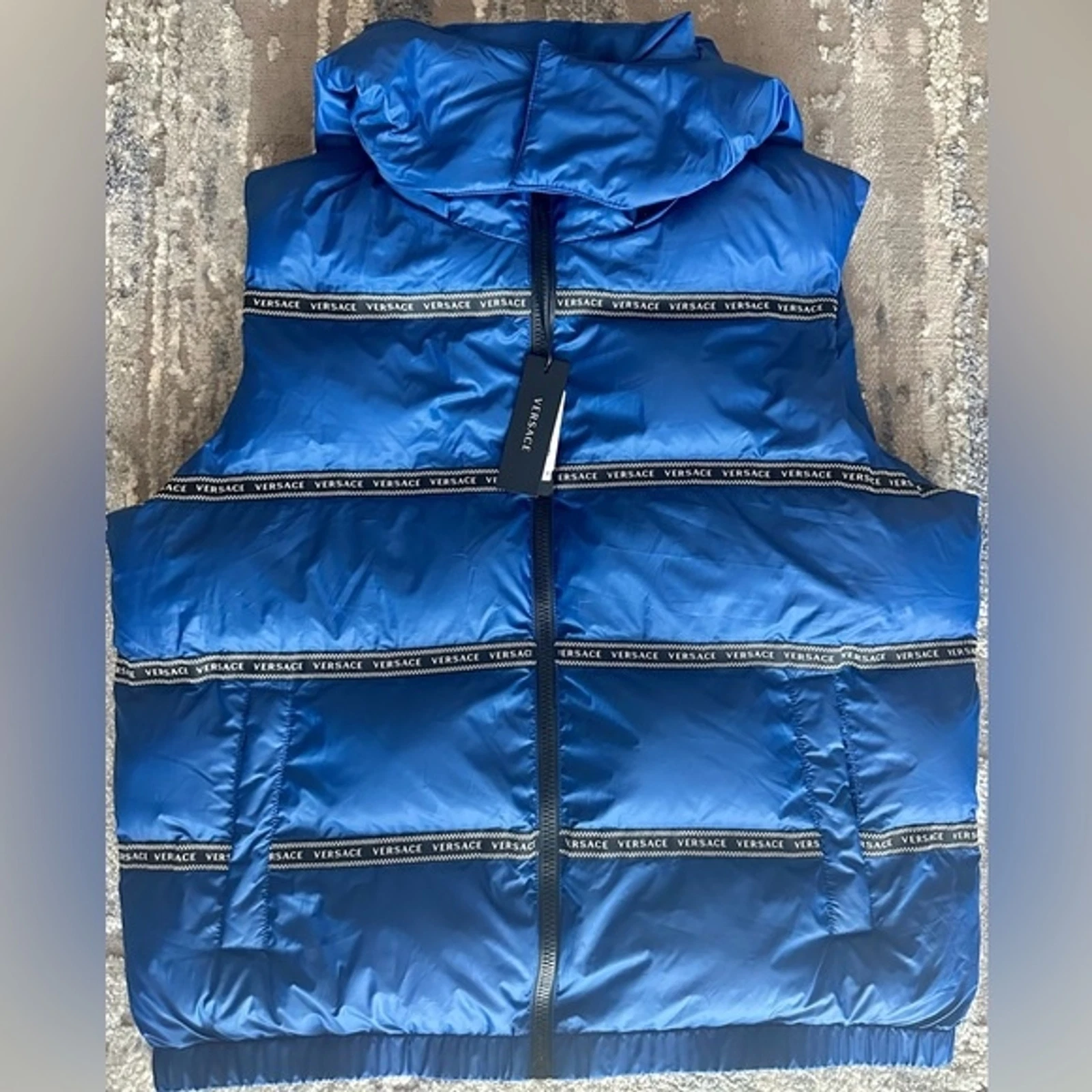 Versace — Versace Logo Tape Down Puffer Vest in Blue Size 52 NWT