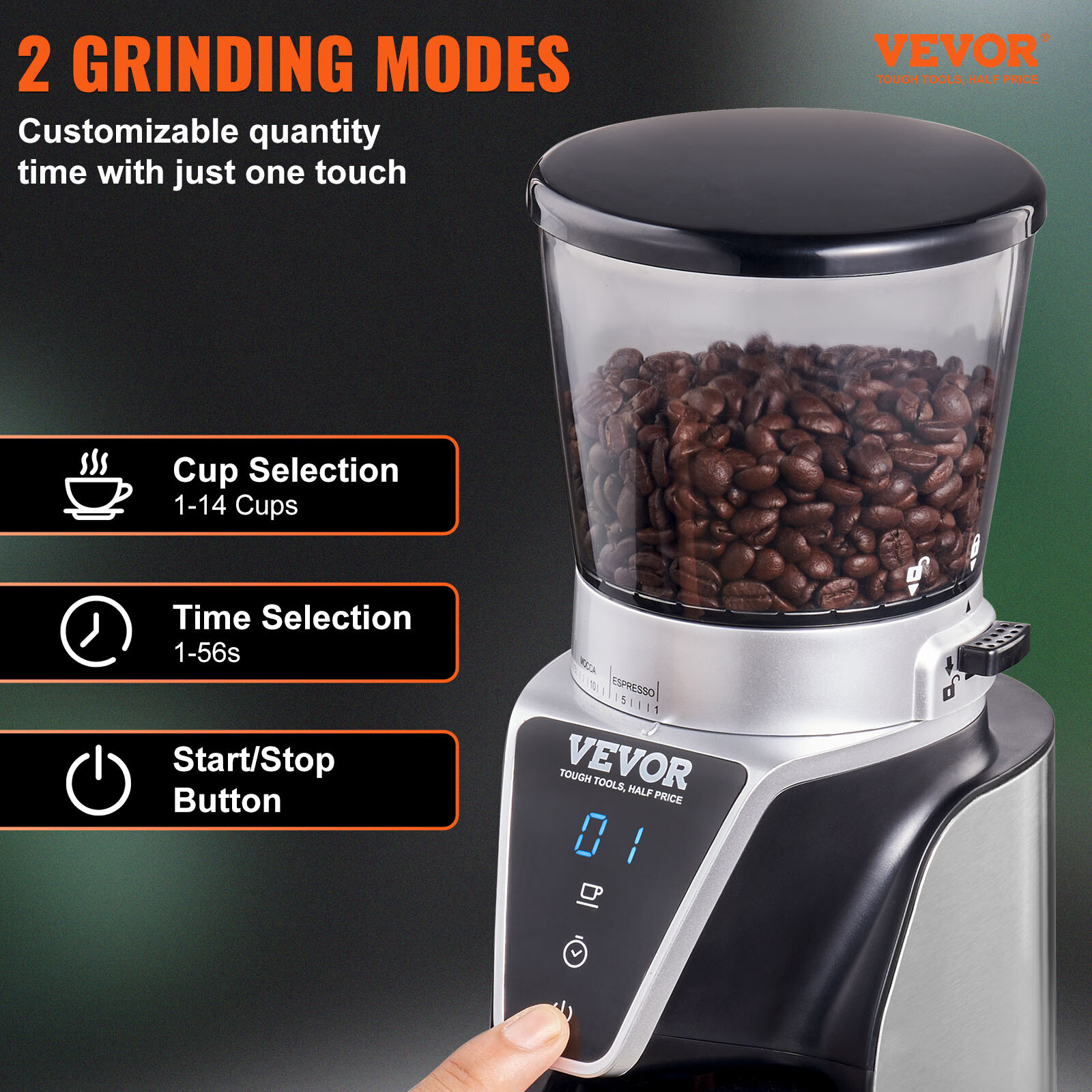 VEVOR Coffee Grinder Electric Burr Mill 40MM Conical Burrs 51 Gear for