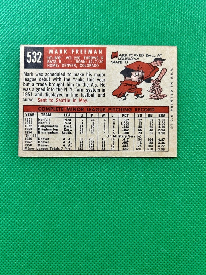 1959 Topps #532 Mark Freeman Kansas City Athletics mid-level EX-MT    B59#532A1 - Image 2 of 2