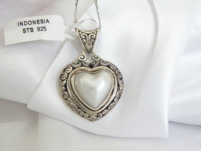 Sterling Silver 925 Large Mabe Pearl Bali Heart Pendant 17.5'' Necklace