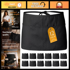 12 Pack - Black Server Waist Aprons with 3 Pockets, Waitress Half Apron