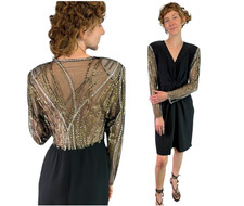 Bob Mackie Vintage 80s Beaded Cocktail Evening Dress Black Silk Crepe Size 6
