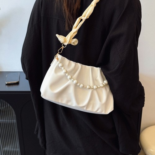 Elegant Faux Pearls Pleated Underarm Bag Cloud Strap Lightweight PU For Evening - Picture 3 of 8