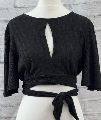 New Look Cropped Blouse Black Tie Back Size 14 Open Back Dark Academia Preppy - Image 1 of 4