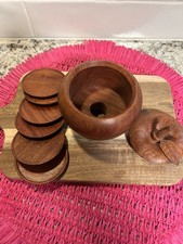 Vintage Carved Apple Wood Coaster & Holder Se...