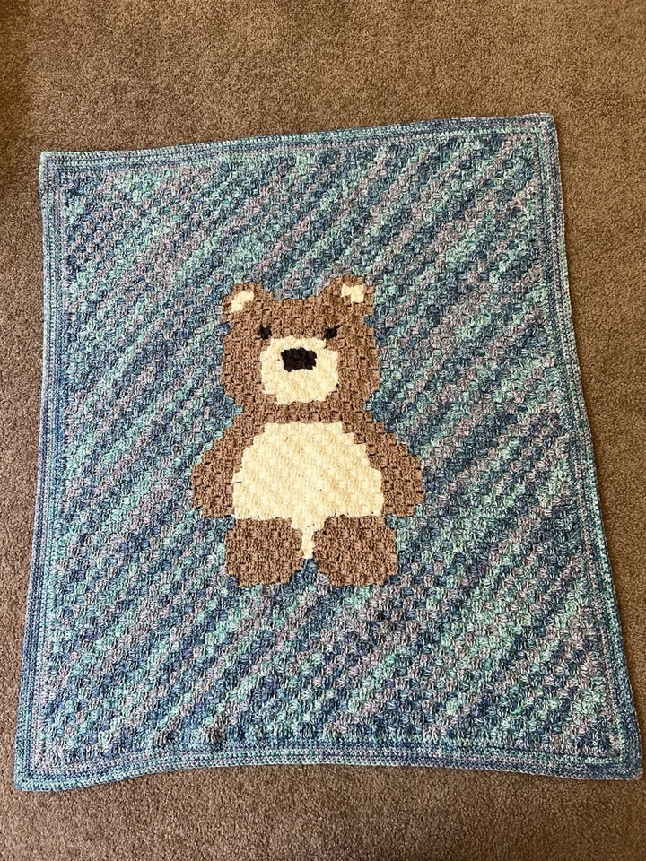 Handmade Crochet Blue Blended Teddy Bear Baby Blanket - image 3 of 4