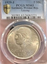 Germany 1929J 5 Marks Lessing PCGS 63PQ Full Luster Strike Low Mtg  