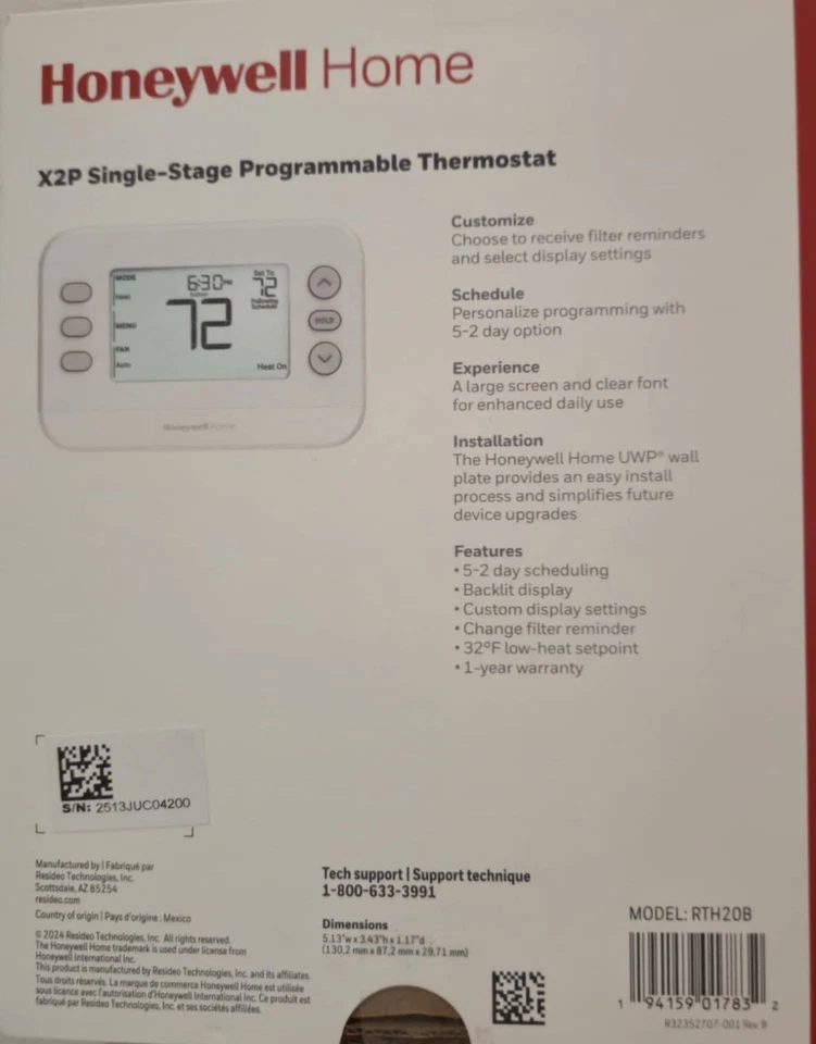 Honeywell X2P Single Stage Programmable Thermostat RTH20B Home 1 Heat/1 Cool NEW - Image 2 of 2