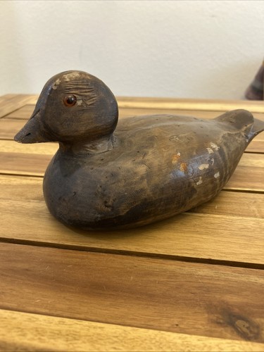 Antike primitive Holz Ente Vogel Köder Flachboden Glasaugen 12" & nummeriert