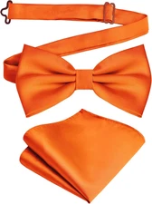 Mens Solid Color Double Fold Pre-tied Bow Tie and Pocket Square Set