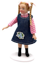 Dolls House Little Girl Blonde in Denim Dress Modern Figure Porcelain People